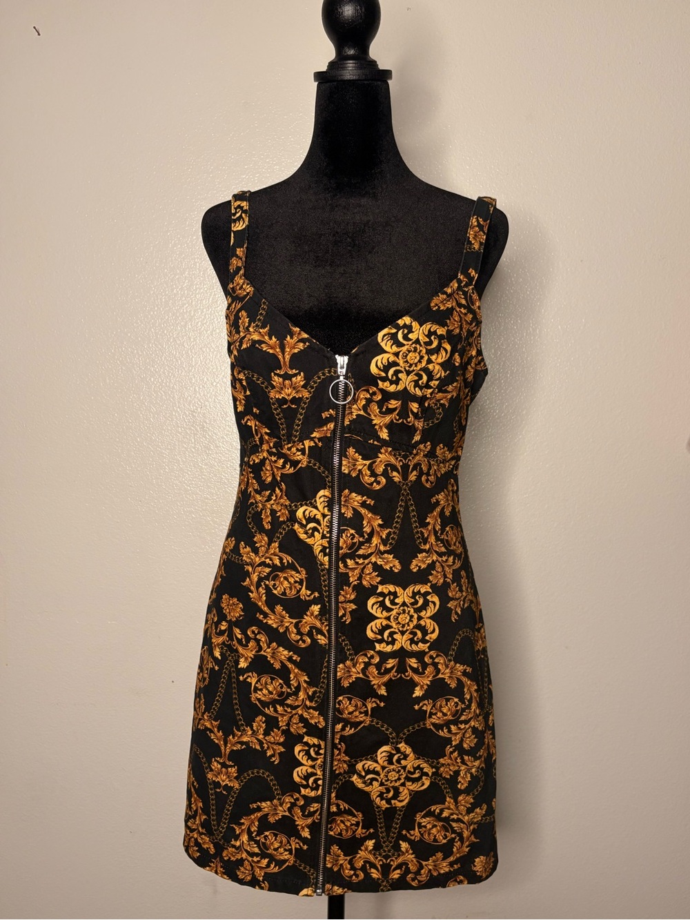 Topshop Black Mini Dress with Gold Baroque Print and Front Zip
